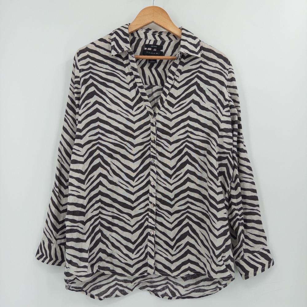 Tahari Linen Button Down Shirt Womens Medium Black White Zebra Print Safari Chic